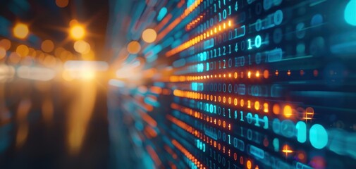 Poster - Abstract digital background featuring blurred lights and binary code, representing technology and innovation in a modern world.