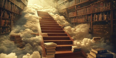 Wall Mural - Stairway to Heaven Through a Library of Books