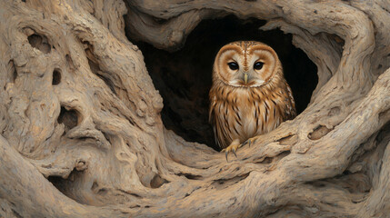 Wall Mural - A small owl is sitting in a hole in a tree trunk