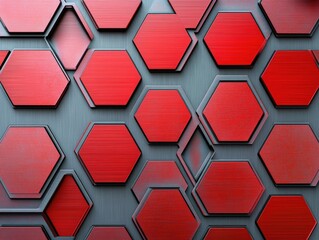 Poster - red steel hexagons on a metal background featuring both 2d and 3d cartoon illustrations