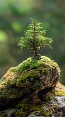 Wall Mural - Small tree growing on a mossy rock symbolizing resilience