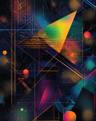 Poster - Vibrant 2D cartoon illustration of a mesh map featuring abstract lines triangles and glare spots on a dark background showcasing a spectrum effect Mesh and glare elements are layered distinctively