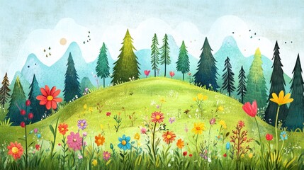 Vibrant 2D cartoon landscape featuring a forest of pine trees a lush green meadow and blooming flowers designed to captivate children with its colorful and whimsical watercolor style