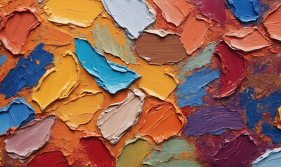 A close-up of a colorful oil painting with thick brushstrokes