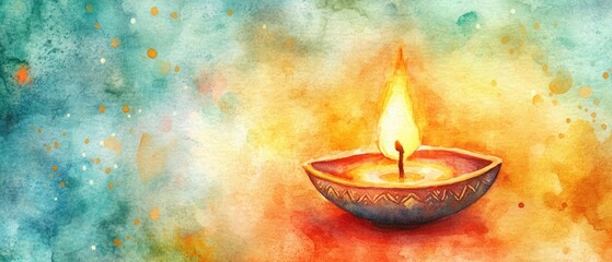 Watercolor illustration of a burning diya on a festive background for the celebration of Diwali