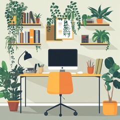 Poster - Home office with a computer, desk, chair, and plants.