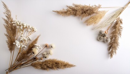 Dried flowers arranged in a corner frame on a white background. Minimalist and elegant design. Photo.