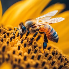 Canvas Print - Honeybee collecting pollen from a sunflower.