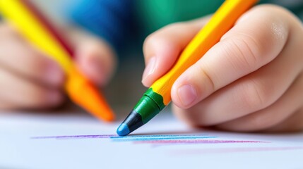 Poster - A child is coloring with a colored pencil on paper, AI