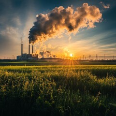 Industrial plant with smoke plume at sunset.