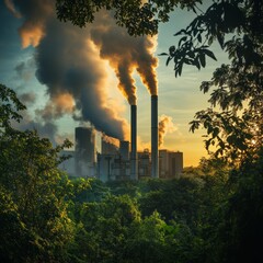 Industrial Plant With Smoke Emitting From Tall Chimneys At Sunset.