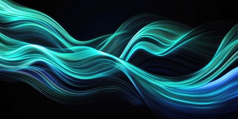 Poster - 2D cartoon illustration of abstract flowing light lines in dynamic blue and green hues set against a black background representing concepts of AI technology digital communication 5G science and mu