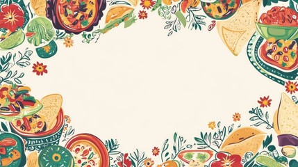 Wall Mural - Vibrant Traditional Mexican Cuisine Display with Marigold Frame on Cream Background