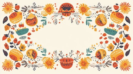 Wall Mural - Vibrant Mexican Cuisine Display with Marigolds and Papel Picado Border on Cream Background