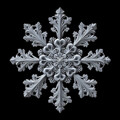 Sticker - Intricate silver snowflake design isolated on black background.