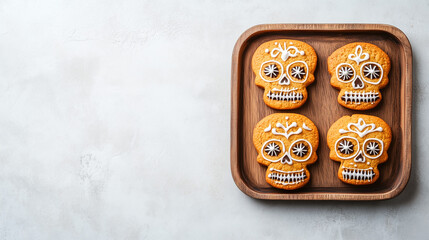 Wooden tray with delicious skull shaped cookies for Mexican Day of the Dead (El Dia de Muertos) on light background with space for text.