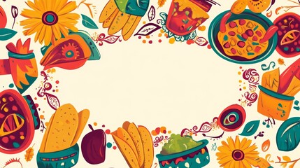 Wall Mural - Festive Mexican Food Frame with Marigold Flowers and Papel Picado Border for Text or Personalization