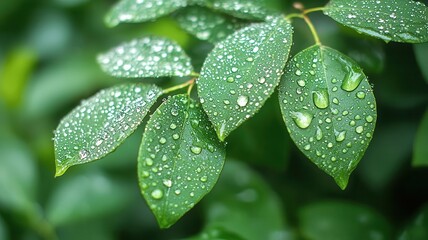 A close-up of raindrops on leaves in a lush green forest after a rainstorm