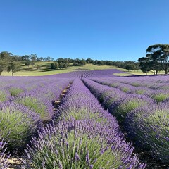 Canvas Print - Lavender field with rows of purple flowers under a clear blue sky.