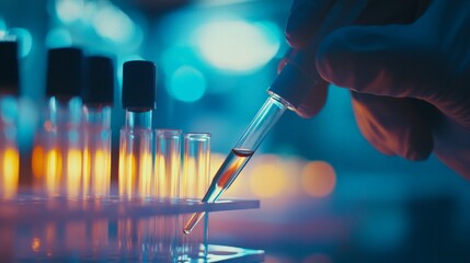 Close-up of a scientist hand holding a pipette, precise movement with a blurred lab background, scientific accuracy and focus