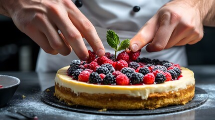 Chef Decorating Delicious Cheesecake with Fresh Berries