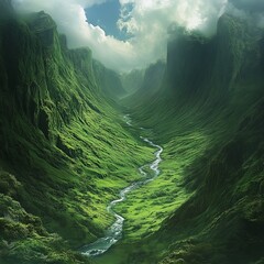 Poster - Lush green valley with a winding river flowing through it.