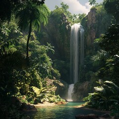 Canvas Print - Lush tropical rainforest with a cascading waterfall flowing into a tranquil pool.