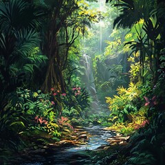 Canvas Print - Lush tropical rainforest with a waterfall and stream.