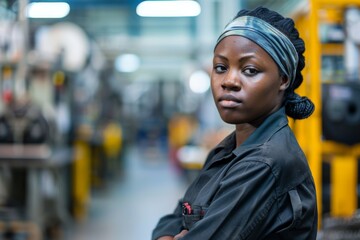 Wall Mural - Portrait of a young adult African American female Assembly Line Worker