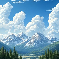 Canvas Print - Majestic mountain range with snow-capped peaks under a blue sky with fluffy white clouds.