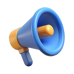 3D cartoon megaphone with a bright blue body and a yellow handle.