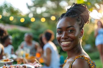 Wall Mural - Portrait of a smiling young woman attending a barbecue