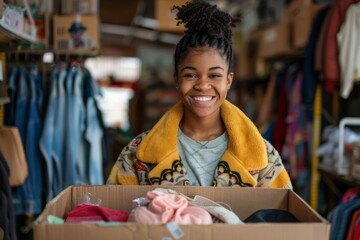 Wall Mural - Cheerful young woman holding a box of donated items in a thrift store