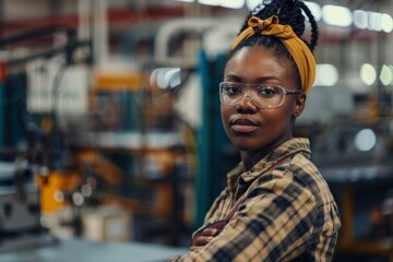 Wall Mural - Portrait of a young adult African American female Assembly Line Worker