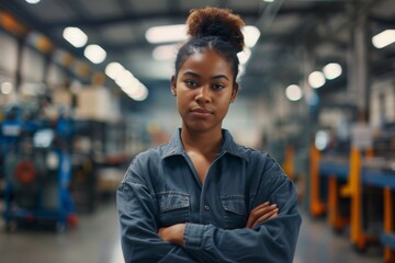 Wall Mural - Portrait of a young adult African American female Assembly Line Worker