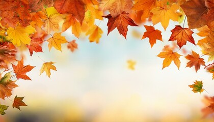 Autumn Leaves Border with Copy Space, Fall Foliage Frame Background, Colorful Maple Leaves in Wind, Seasonal Nature Theme