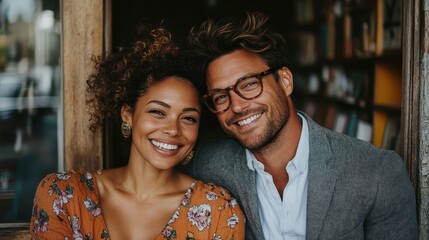 A cheerful couple poses together in a cozy, rustic setting. Their joyful expressions and casual outfits create an inviting and warm atmosphere in the photograph.