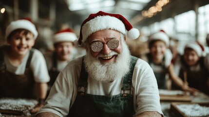 A man donning Santa hat and quirky glasses happily posing with children in a festive atmosphere, representing the spirit of Christmas, joy, and family togetherness in holiday cheer.