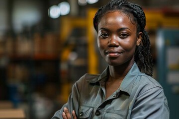 Wall Mural - Portrait of a young adult African American female Assembly Line Worker