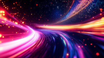 Poster - Vibrant abstract waves of light create a dynamic flow of colors in a cosmic setting filled with stars and energy