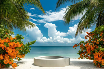 Wall Mural - Tranquil tropical beach scene with a circular concrete structure, surrounded by lush foliage and palm trees.