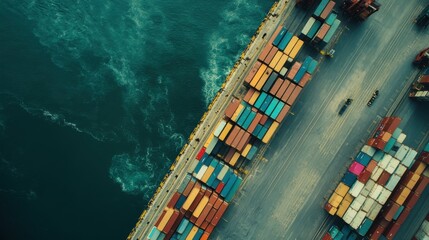 top view colorful containers and crane in the port