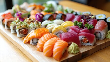 Vibrant sushi platter with colorful rolls, fresh sashimi, and garnishes of ginger and wasabi, beautifully arranged on a wooden board