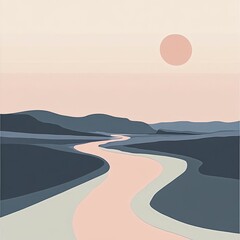 Poster - Minimalist illustration of a winding river through a valley with a pink sun in the sky.