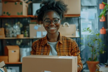 Wall Mural - Happy young female Handling shipping and logistics in startup company office