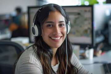 Wall Mural - Portrait of a smiling young female IT support worker in startup company office