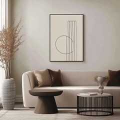 Minimalist living room with a beige sofa, two coffee tables, and a framed abstract artwork.