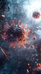 Poster - A depiction of monkeypox virus floating mid-air in a laboratory with sunlight filtering through the windows