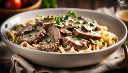 Wall Mural - Beef Stroganoff: Tender beef in a creamy mushroom sauce, served over egg noodles or rice. A comforting, rich dish.
