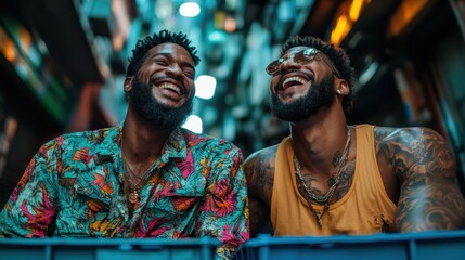 Two friends wearing colorful attire are captured sharing a hearty laugh in an urban setting, embodying a strong sense of friendship, joy, and carefree enjoyment.